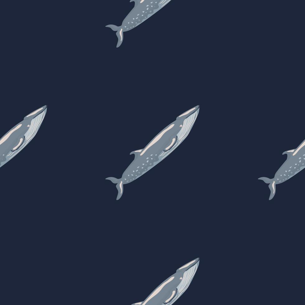 Nahtlose Muster Sei-Wal auf schwarzem Hintergrund. vorlage der zeichentrickfigur des ozeans für stoff. vektor
