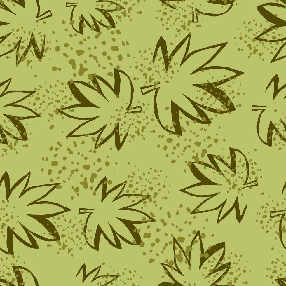 kontur marijuana siluett seamless mönster. grange bakgrund med beige och ljusa element. cannabis kontur siluett oändliga tapeter. vektor