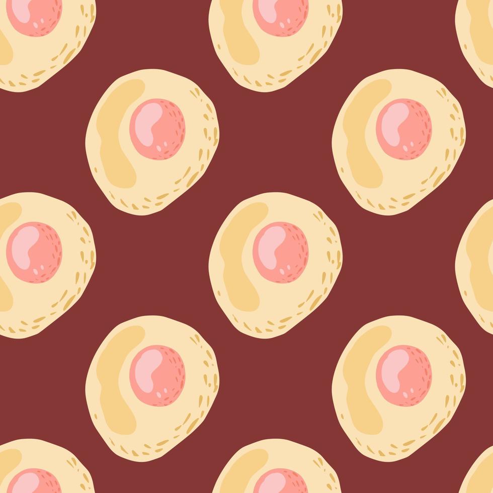 enkelt sömlöst matmönster med äggfrukost. omelett element tecknad print på rödbrun bakgrund. vektor