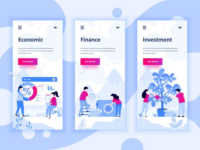 Satz des Onboarding-Schirm-Benutzerschnittstellensatzes für Wirtschaft, Finanzierung, Investition, bewegliches APP-Schablonenkonzept. Moderner UX-, UI-Bildschirm für mobile oder reaktionsschnelle Websites. Vektor-illustration vektor