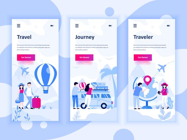 Set med inbyggda skärmar användargränssnitt kit för Travel, Journey, Traveller, mobil app mallar koncept. Modern UX, UI-skärm för mobil eller mottaglig webbplats. Vektor illustration.