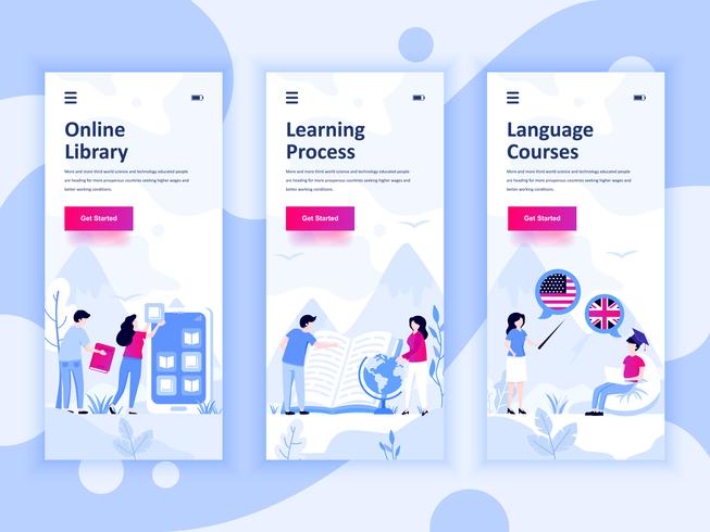Sats på inbyggda skärmar användargränssnitt för bibliotek, lärande, språkkurser, koncept för mobil appmallar. Modern UX, UI-skärm för mobil eller mottaglig webbplats. Vektor illustration.