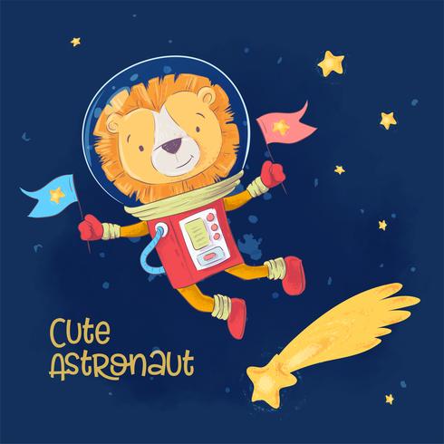 Postkartenplakat des netten Astronauten Leon im Raum mit Konstellationen und Sternen in der Karikaturart. Handzeichnung. vektor