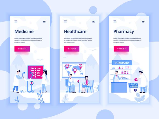 Set med inbyggda skärmar användargränssnitt för medicin, sjukvård, apotek, mobil app mallar koncept. Modern UX, UI-skärm för mobil eller mottaglig webbplats. Vektor illustration.