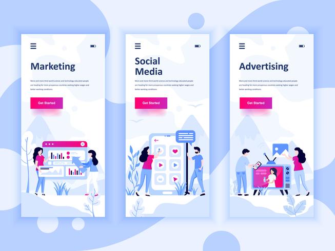 Satz des Onboarding-Schirm-Benutzerschnittstellensatzes für Marketing, Social Media, Werbung, bewegliches APP-Schablonenkonzept. Moderner UX-, UI-Bildschirm für mobile oder reaktionsschnelle Websites. Vektor-illustration vektor