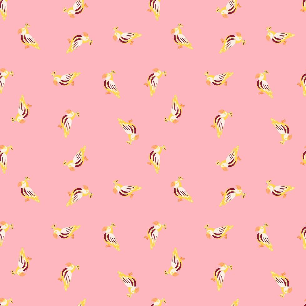 zoo seamless mönster med slumpmässiga små gula papegojor print. rosa bakgrund. abstrakt djur bakgrund. vektor