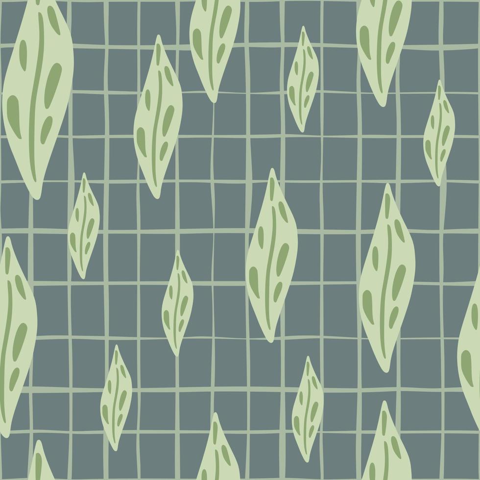 dekorativa sömlösa mönster med doodle gröna blad silhuetter print. blå bakgrund med check. vektor