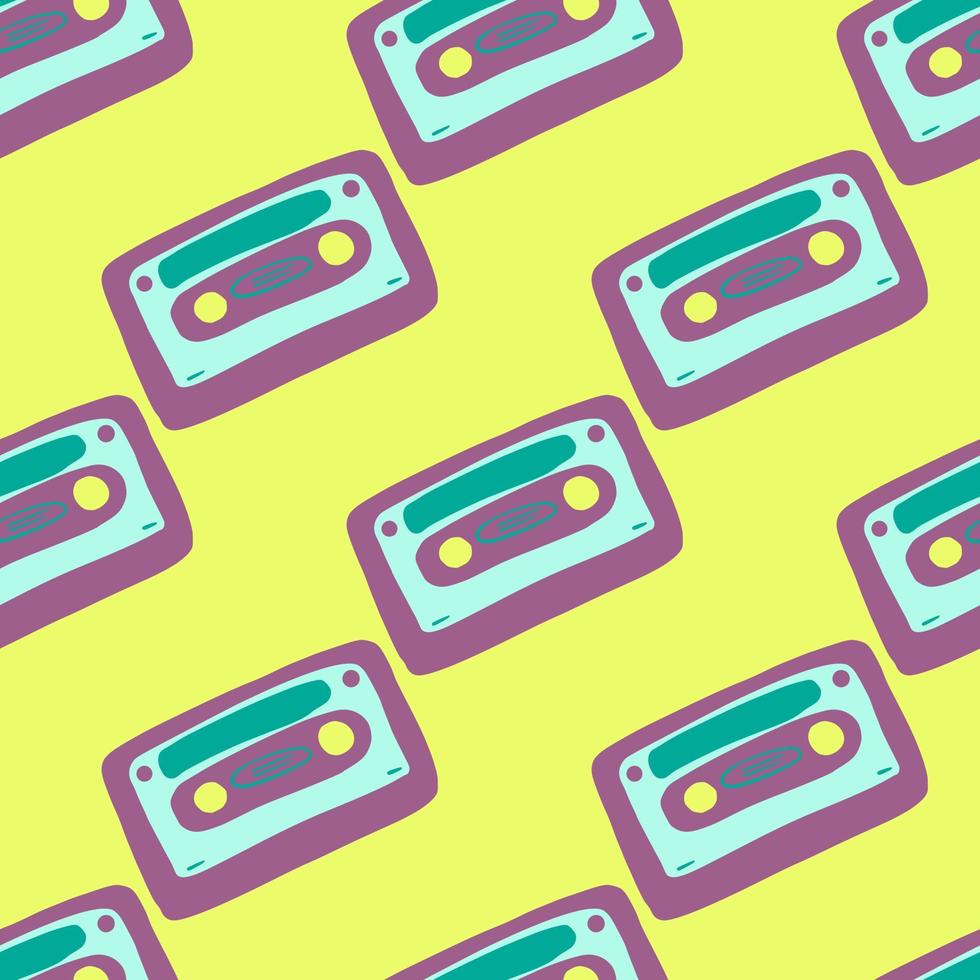 ljusa pop sömlösa kassettmönster. discotryck med lila och blå färgad prydnad på gul bakgrund. vektor