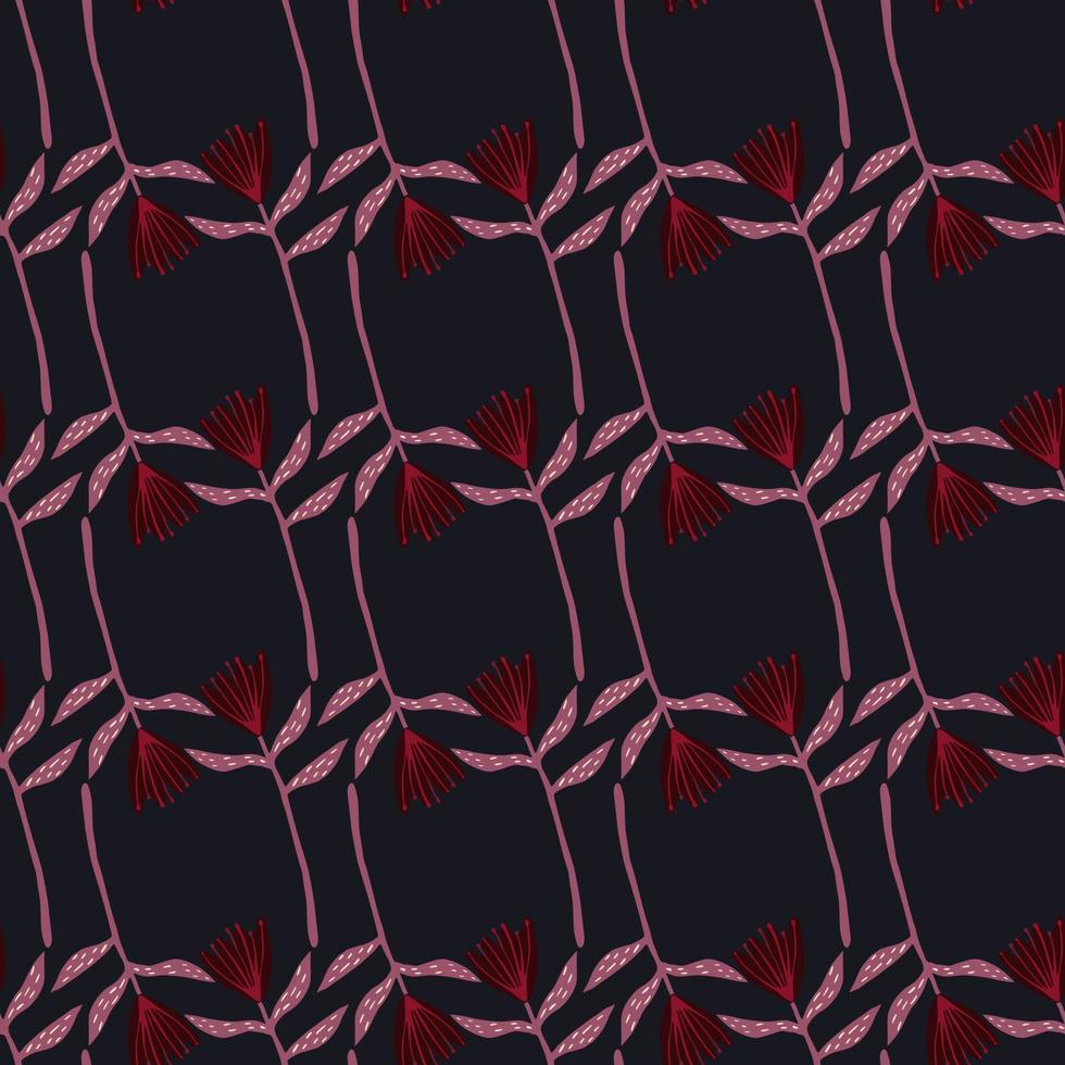 dunkles botanisches nahtloses muster mit rot- und rosatonblumenschattenbildern. lila Hintergrund. vektor