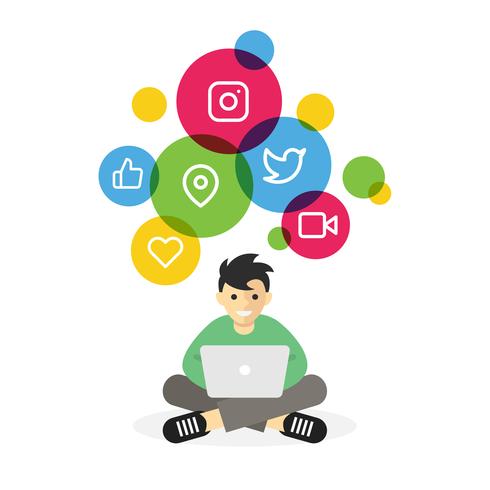 Pojke sitter med laptop surfar på internet sociala medier vektor