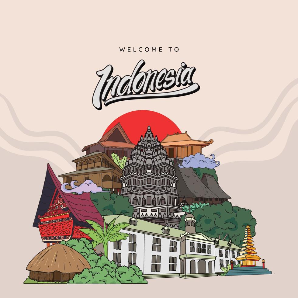 indonesien wahrzeichen. hand gezeichneter hintergrund der indonesischen kulturen vektor