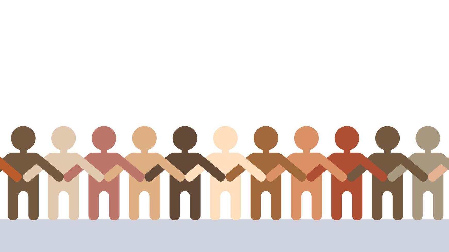 människor med olika hudfärg håller varandra i händerna. mångfaldig publik och ras jämlikhet koncept. vektor