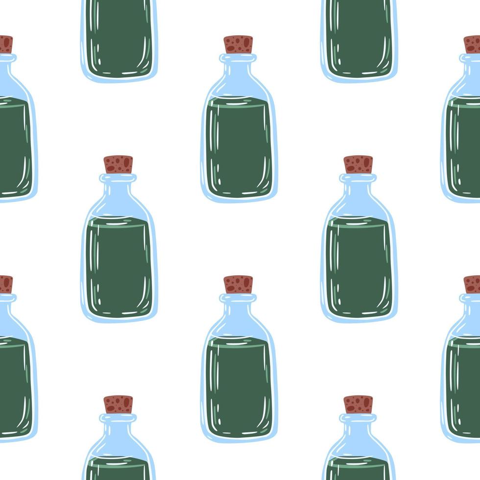 isolerade medicinska flaska sömlösa doodle mönster. enkel flytande prydnad i gröna och blå toner. vektor