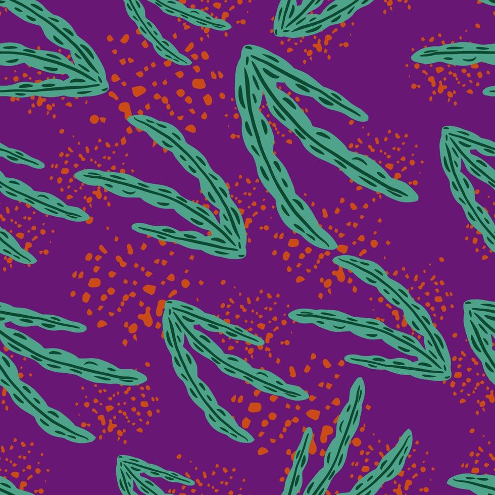 slumpmässiga sömlösa doodle mönster med abstrakta ljusgröna tång bladverk former. lila bakgrund med stänk. vektor