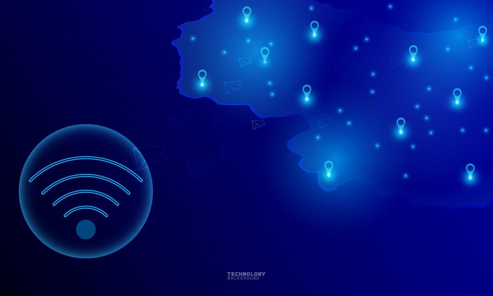 trådlös nätverkskommunikation, internetuppkoppling. futuristisk stadsbild i blå ton med elektroniska enheter, multimedia, teknikikoner och nätverksanslutning. vektor