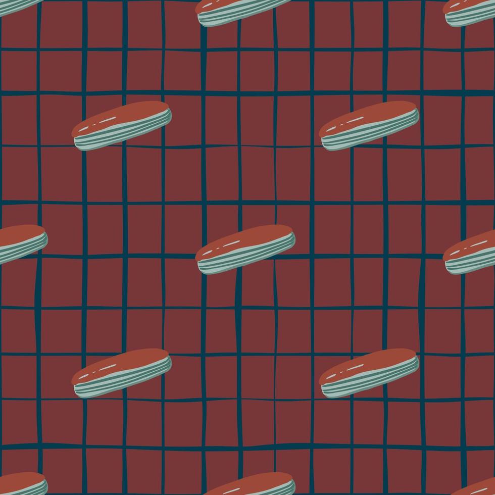 mörka sömlösa mönster med tecknade eclairs silhuetter. rödbrun rutig bakgrund. fransk frukosttryck. vektor