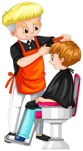 Liten pojke får frisyr på frisör vektor