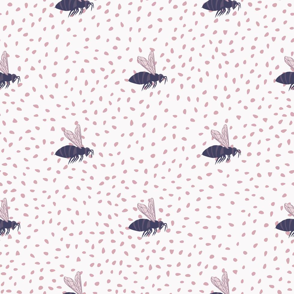 lila bi silhuetter seamless mönster. doodle djurtryck med whie bakgrund och rosa prickar. vektor