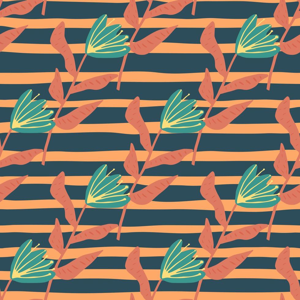 sömlösa doodle mönster med tulpan blomma silhuetter. orange och marin färg avskalad bakgrund. blå blommiga element. vektor