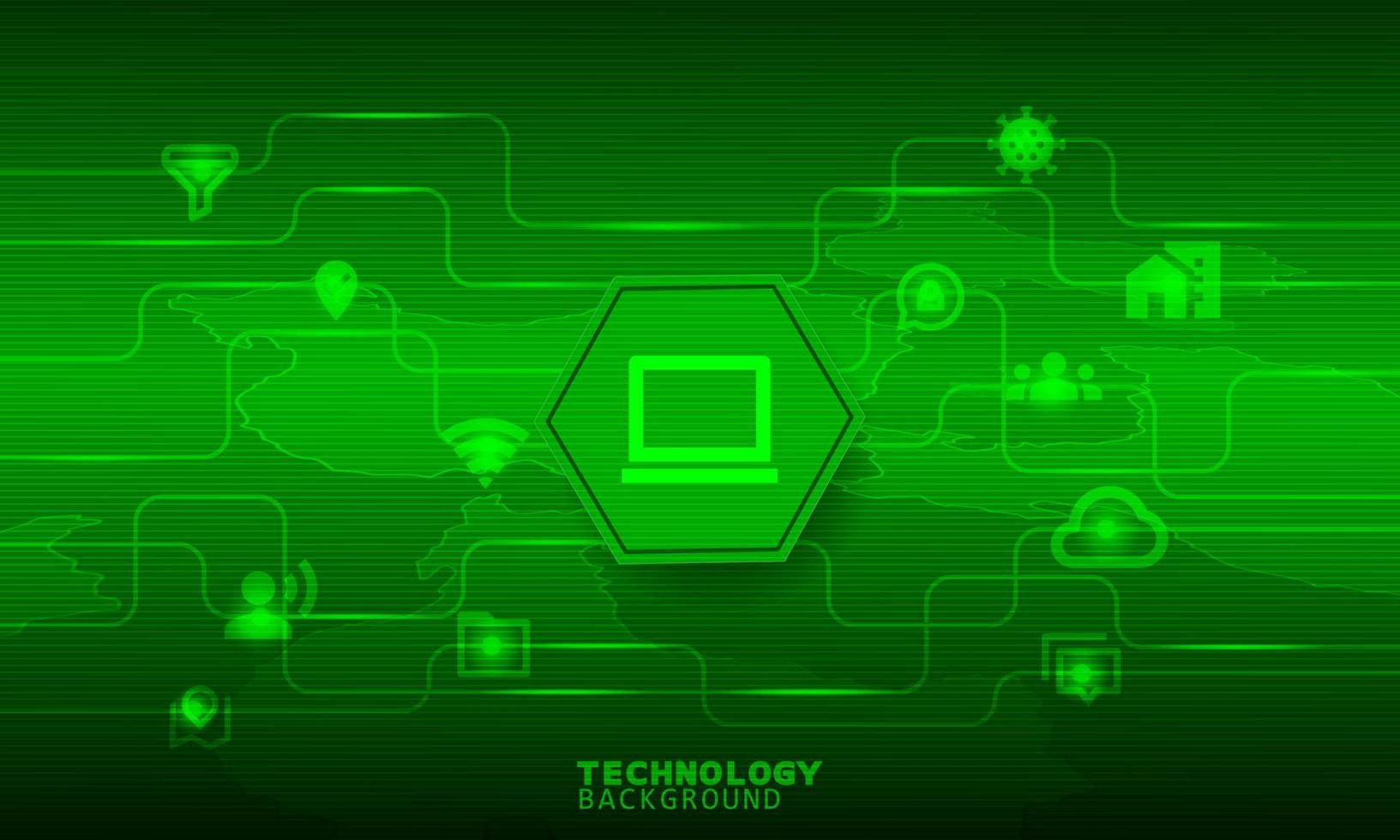 bärbar datorikon i en grön hexagon. anslutning och kommunikation koncept. vektor