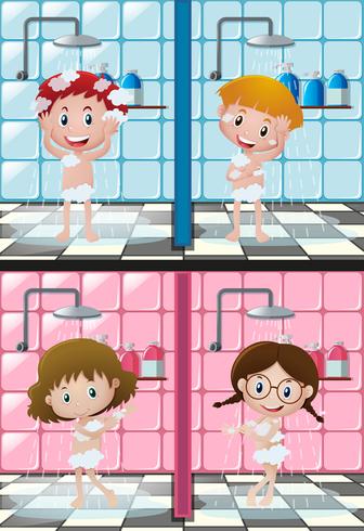Fyra barn duscha i badrummet vektor