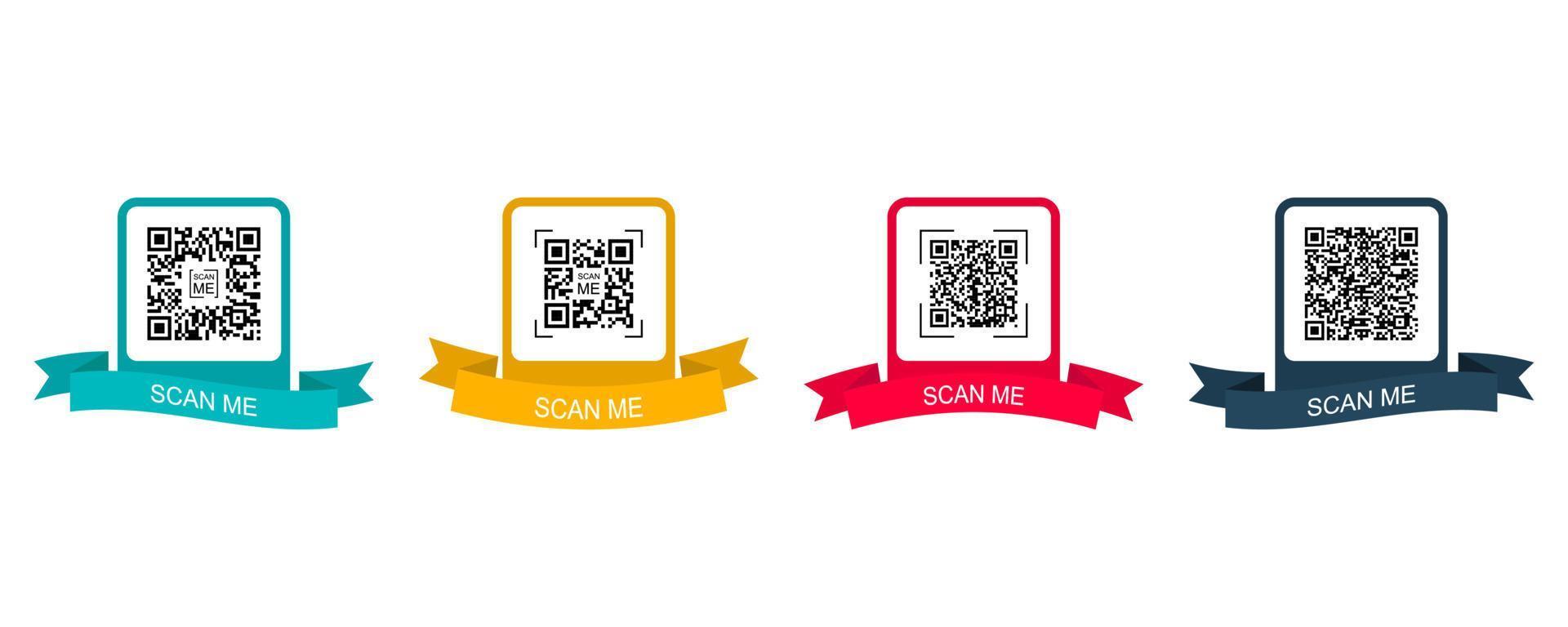 sammlung kreatives konzept qr-code. Scan mich. farbiger rahmen mit band für qr-code. Vektor