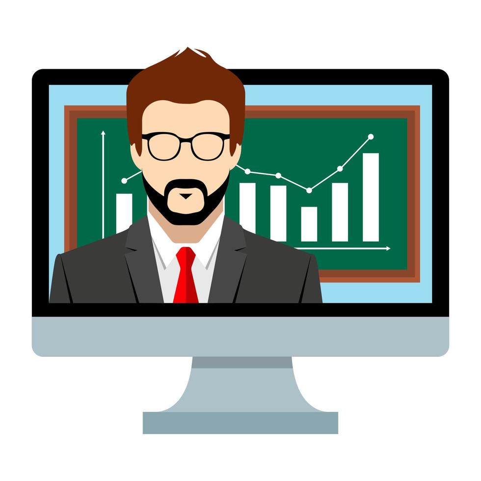 Tafel mit Diagrammen und Diagrammen. Online-Konferenz mit Mann. vektor