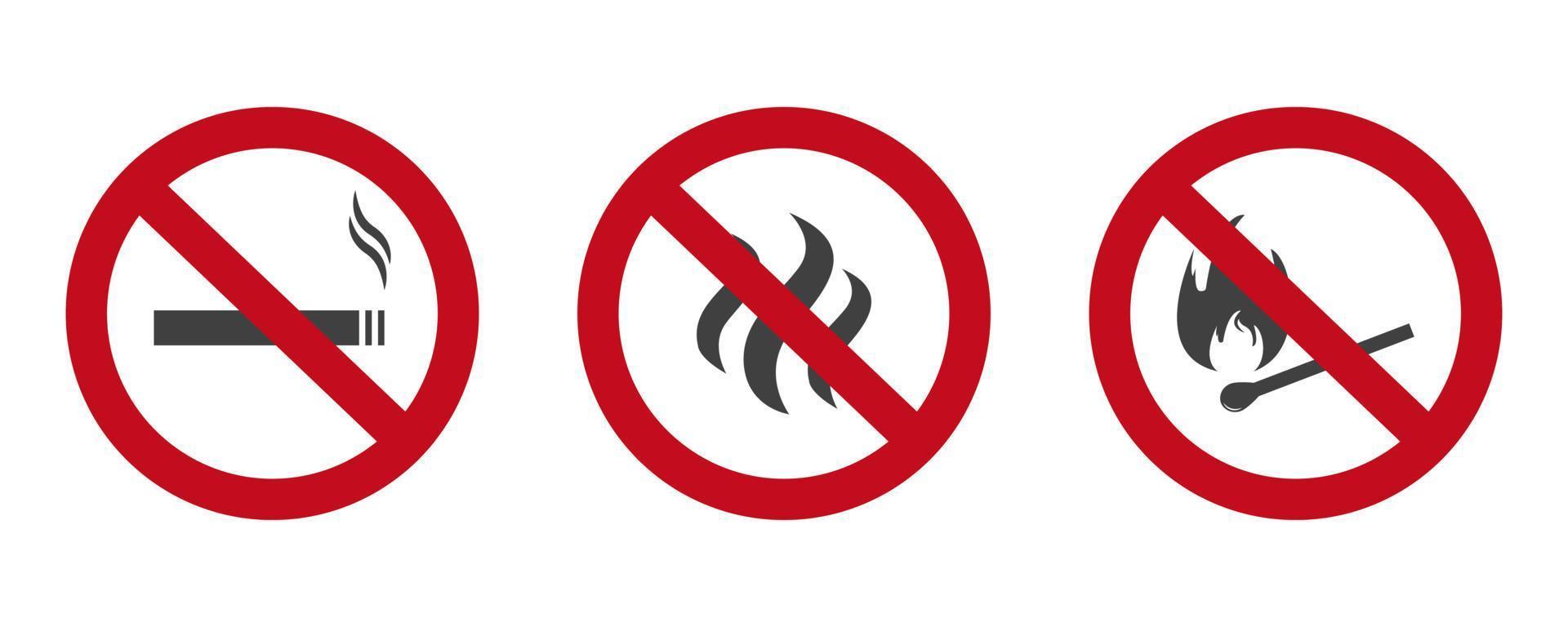 verbotenes Rauchen und offenes Feuer. Nicht rauchen, kein offenes Feuer und nicht rauchen. Verbotenes rotes Schild. Vektor