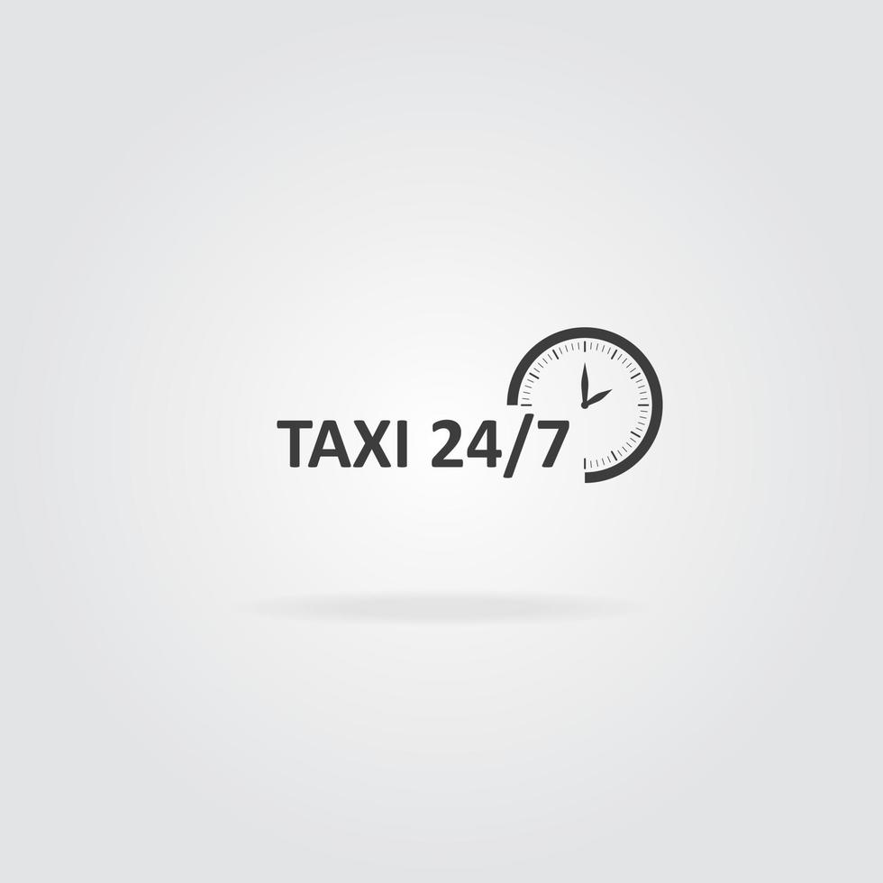 Taxi-Logo-Konzept. Symbol für Taxiservice 24 7. Uhrensymbol mit Inschrift. Vektor