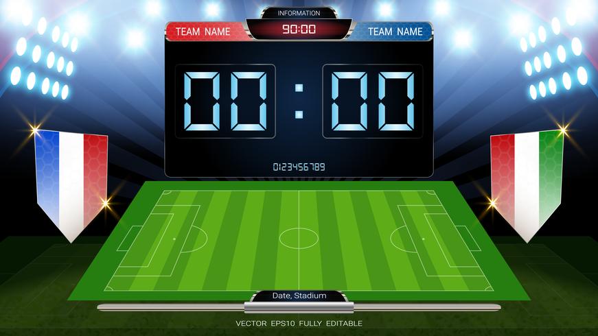 Scoreboard och fotbollsplan upplyst av strålkastare, global statistik sändning grafisk fotbollsmall med flaggan. vektor