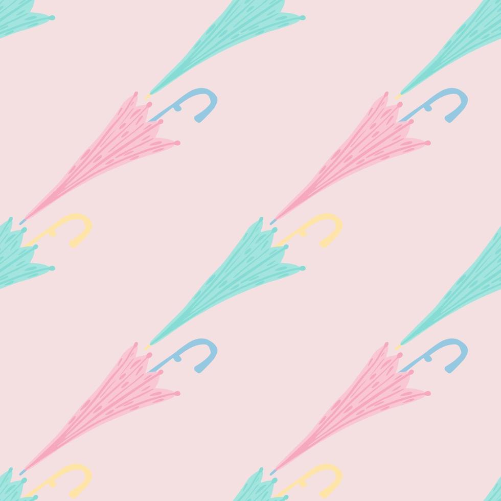 zartes nahtloses muster mit modischen blauen und rosa regenschirmelementen. hellrosa Hintergrund. vektor