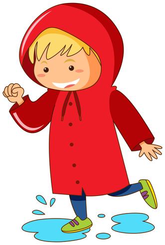 Kind im roten Regenmantel, der in Pfützen springt vektor