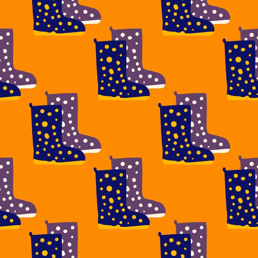 ljusa doodle seamless mönster med stövlar silhuetter. lila skor prydnad med prickar på orange bakgrund. vektor