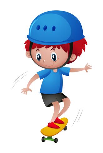 Liten pojke i blå hjälm som spelar skateboard vektor