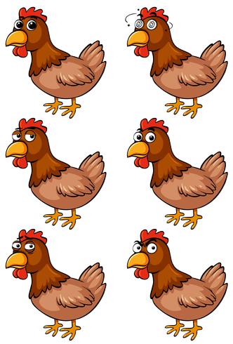 Braunes Huhn mit verschiedenen Emotionen vektor