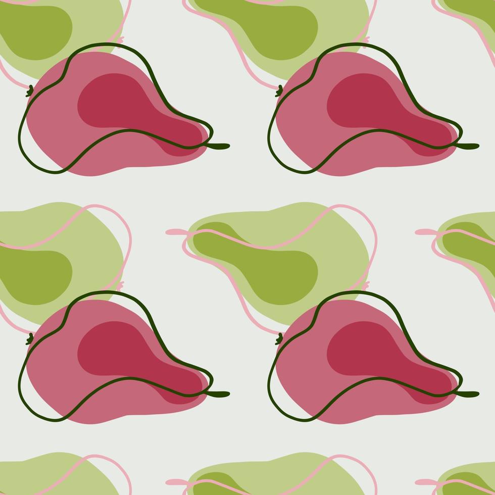 rosa och gröna handritade päron former konturerade sömlösa mönster. grå bakgrund. mat bakgrund. vektor