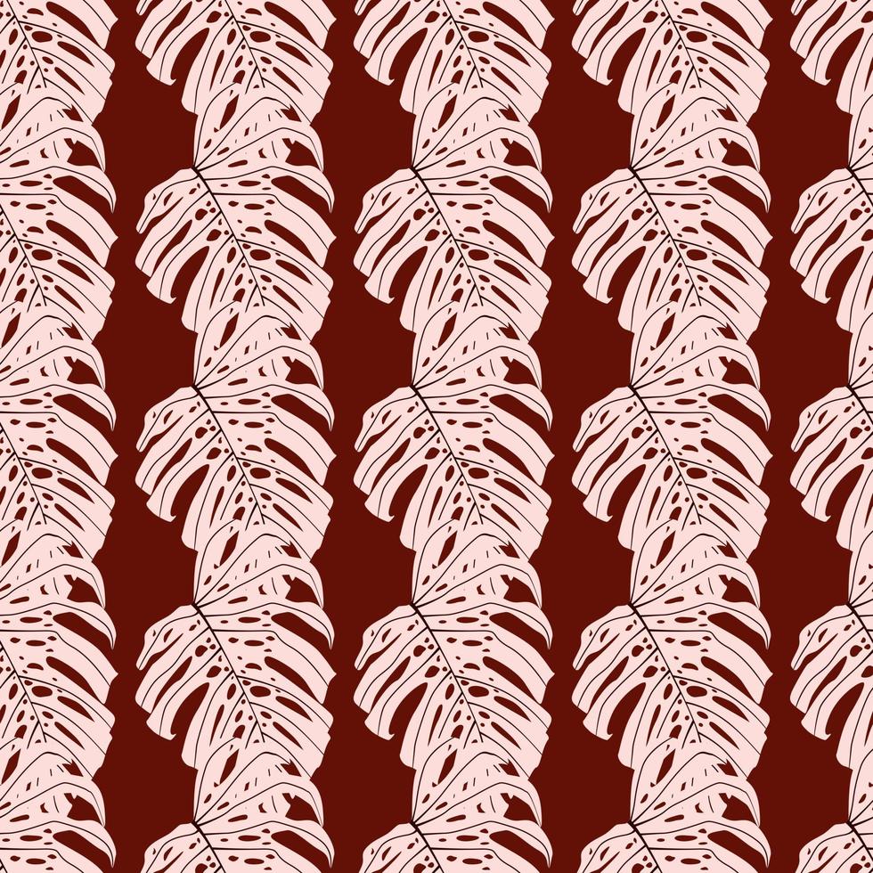ljusrosa monstera enkla silhuetter seamless mönster. röd bakgrund. doodle print. vektor
