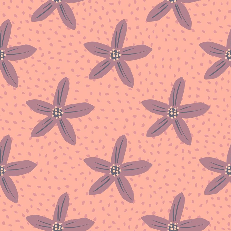 tropisches nahtloses muster mit floraler lila blumen-mandarinenverzierung. rosa gepunkteter Hintergrund. vektor