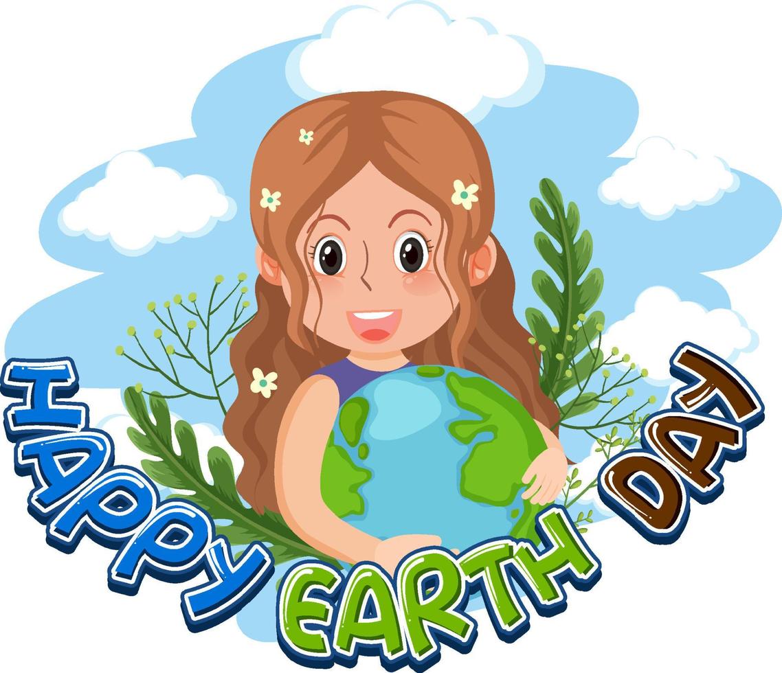 Happy Earth Day Banner Design mit einem Mädchen, das die Erdkugel umarmt vektor