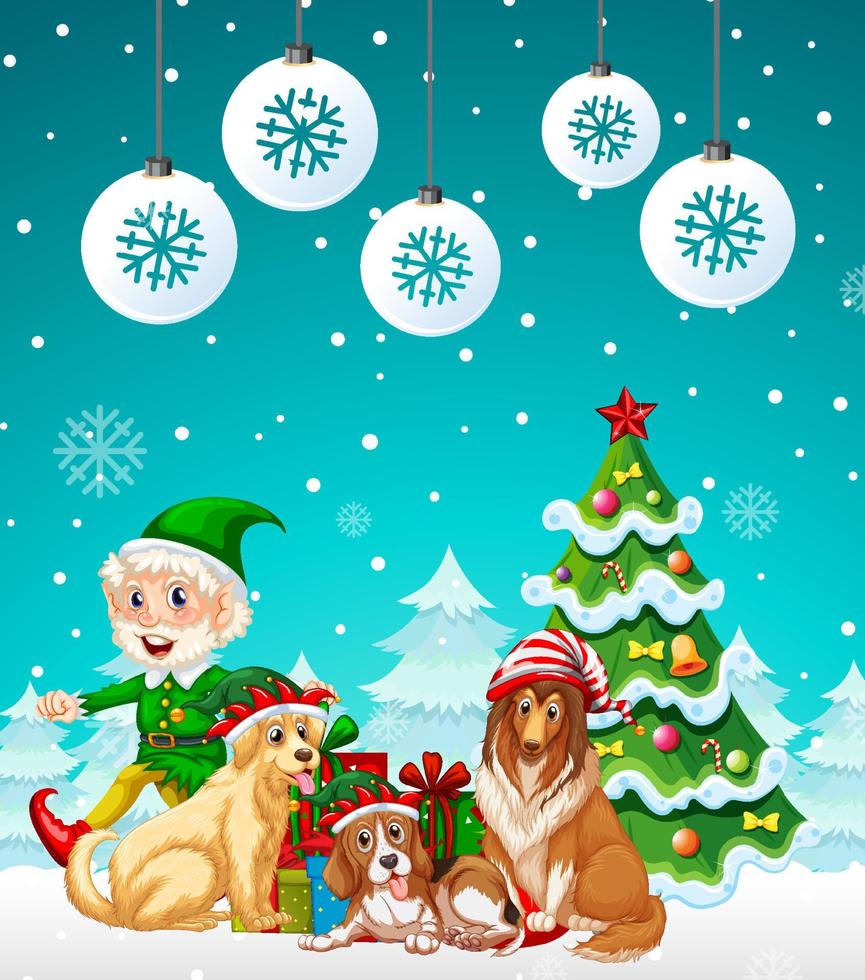 weihnachtsplakatdesign mit elfen und hunden auf schneebedecktem hintergrund vektor