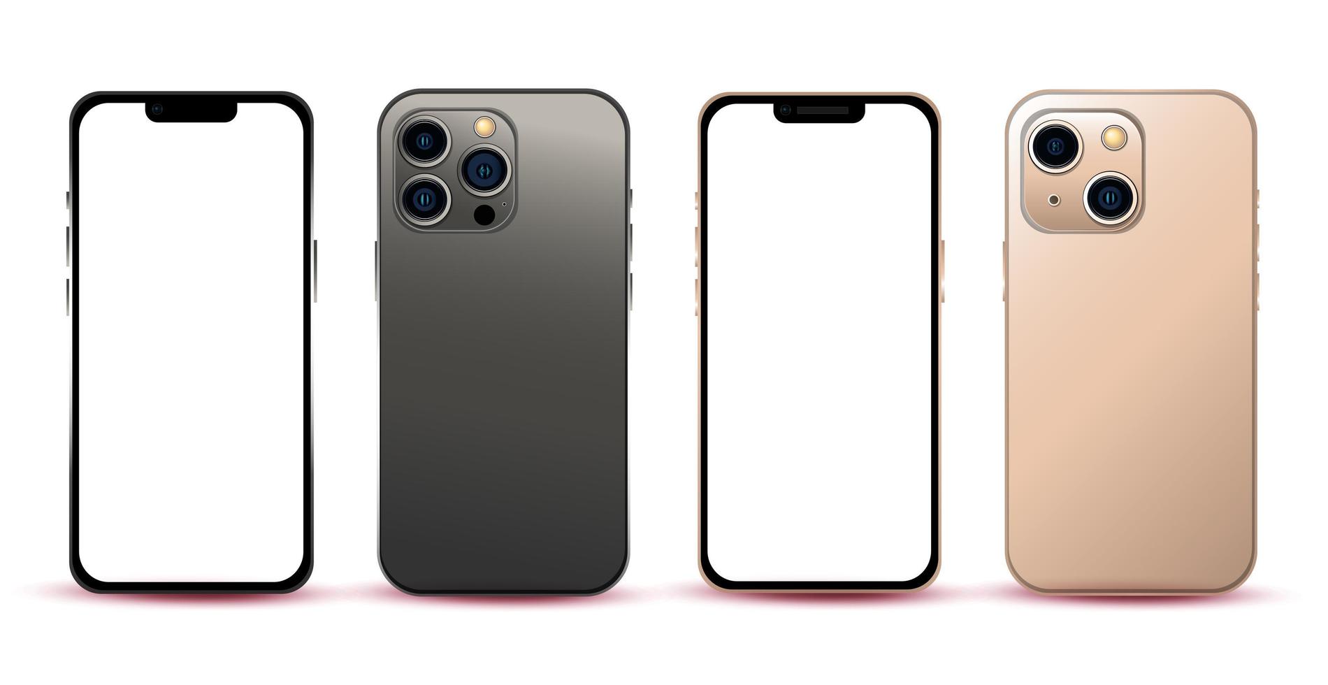 realistisches Mockup mit weißem Hintergrund schwarz-goldene Mobiltelefone - Vektor