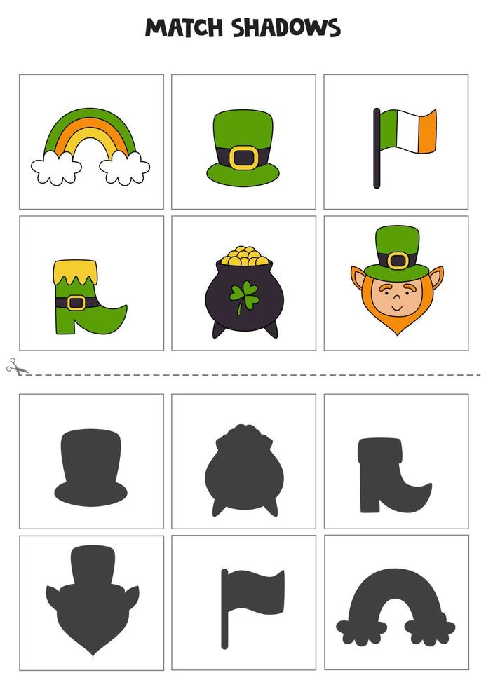 Finden Sie Schatten von niedlichen St. Patrick Day-Elementen. Karten für Kinder. vektor