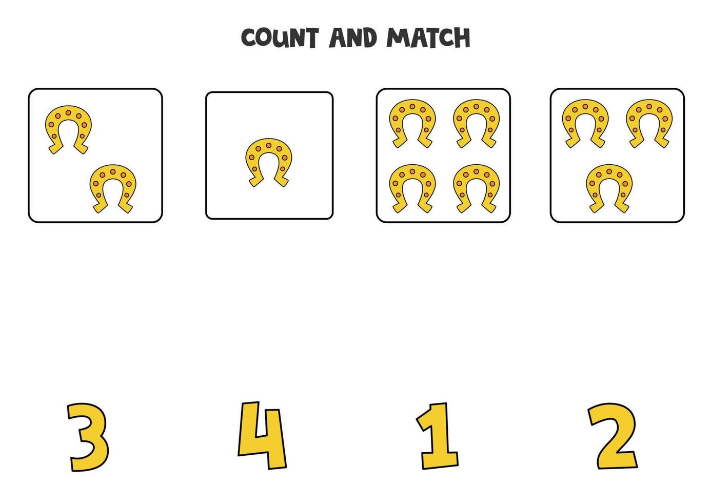 Zählspiel für Kinder. Zählen Sie alle Hufeisen und passen Sie sie der Zahl an. Arbeitsblatt für Kinder. vektor