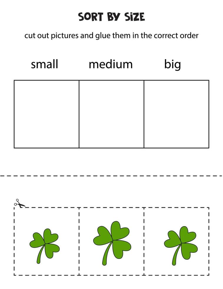 Kleeblätter nach Größe sortieren. pädagogisches arbeitsblatt für kinder. vektor