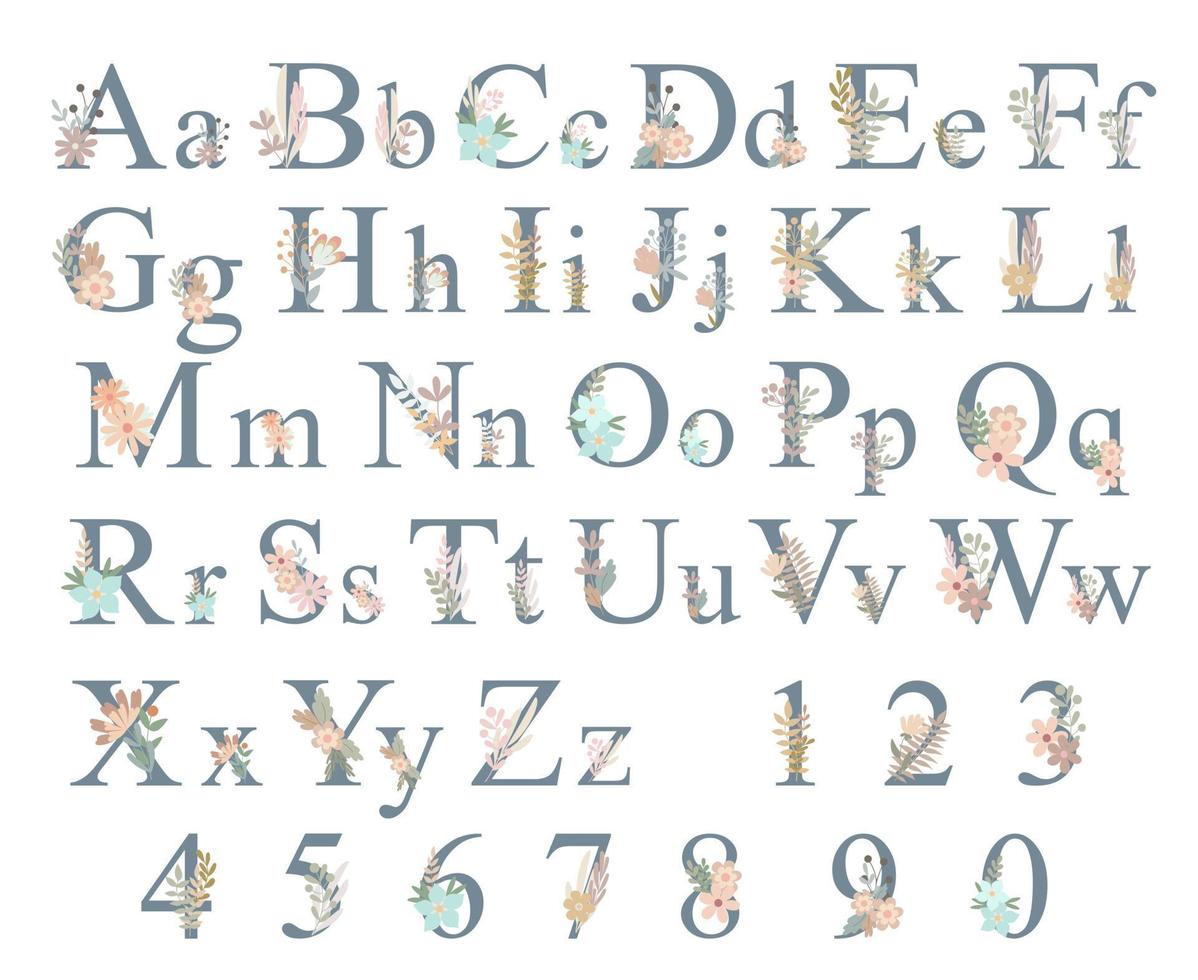 bokstäver i alfabetet versaler, gemener och siffror dekorerade med blommor, blommig abc, monogram vektorillustration i enkel boho-stil, platt pastellfärgad dekorativ bokstäver vektor
