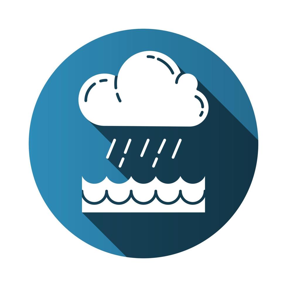 skyfall blå platt design lång skugga glyfikon. moln, kraftiga regn, inkommande vatten. regnstorm. skyfallande, hällande regn över vatten. regnperiod. vektor siluett illustration