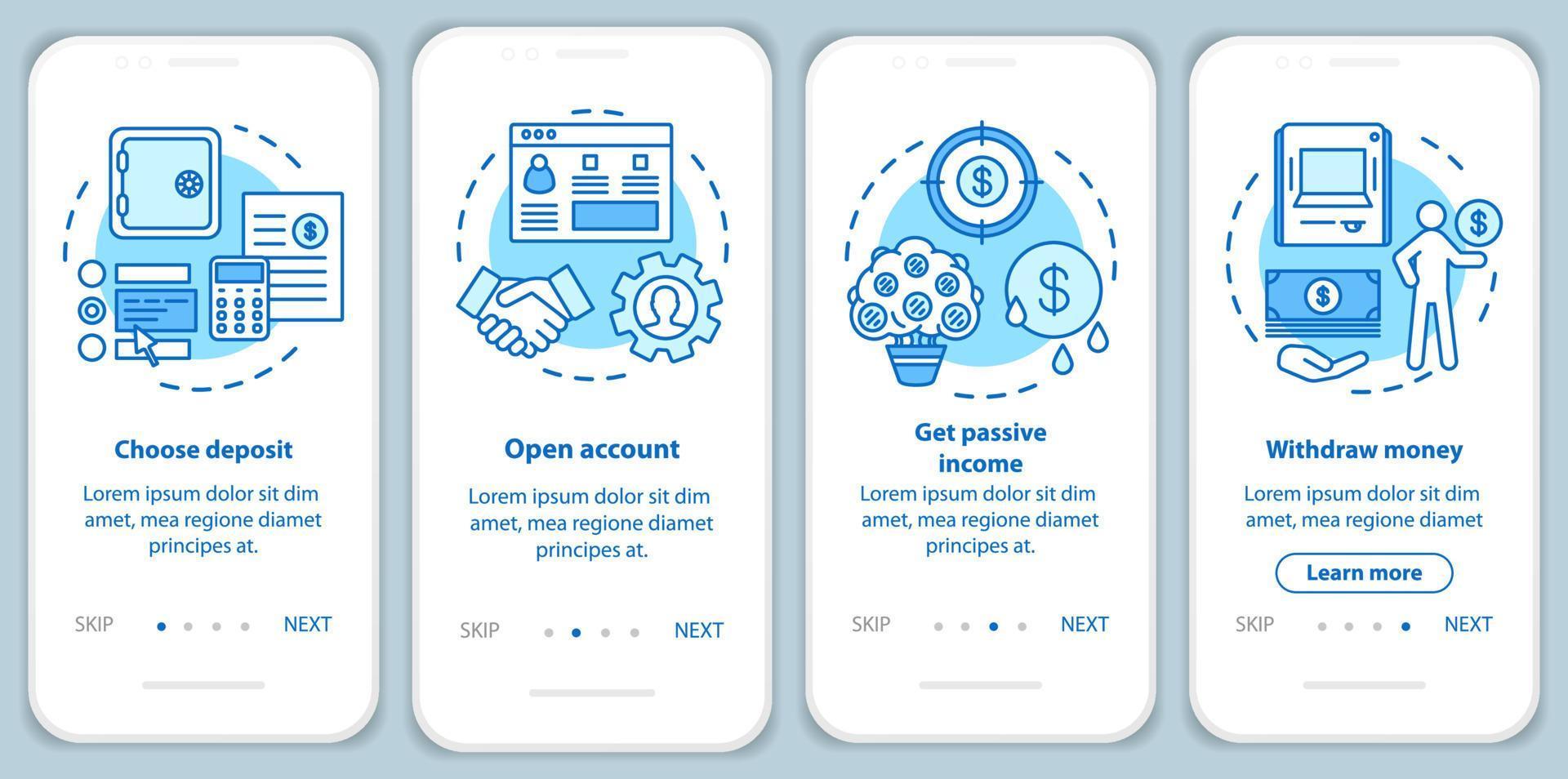 bankeinzahlungsvorgänge beim onboarding des mobilen app-seitenbildschirms mit linearen konzepten. Bankdienst. vier Walkthrough-Schritte mit grafischen Anweisungen. ux, ui, gui-vektorvorlage mit illustrationen vektor