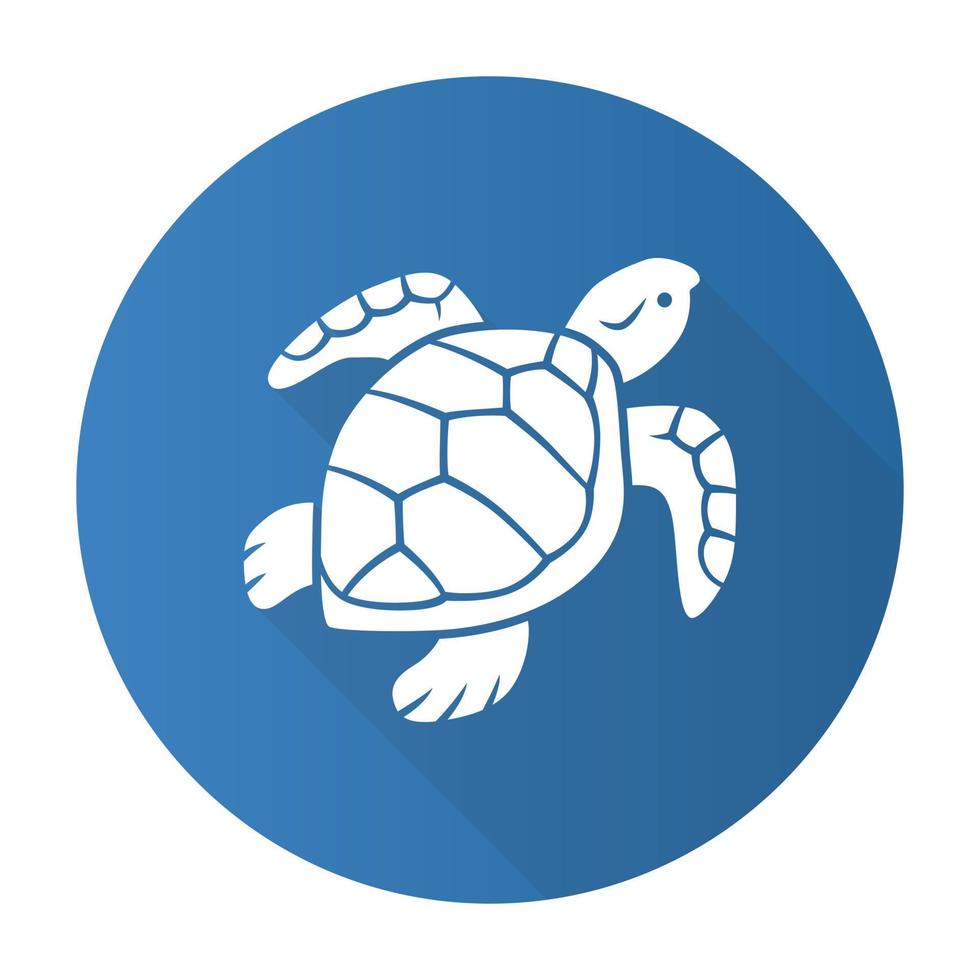 sköldpadda blå platt design lång skugga glyfikon. långsamt rörlig reptil med fjällande skal. vattenlevande djur under vattnet. simmande havsvarelse. oceanografi och zoologi. vektor silhuett illustration