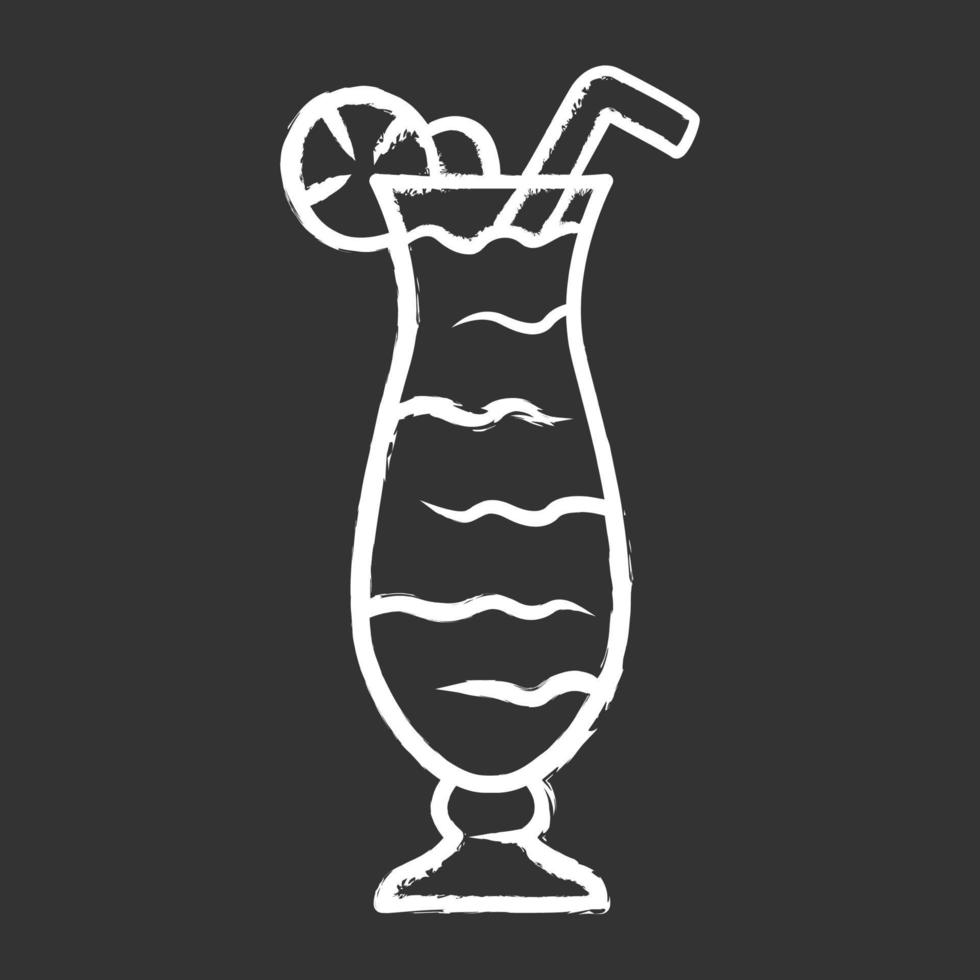 cocktail i orkan glas krita ikon. uppfriskande alkoholdryck till fest. tumlare med dryck, citronskiva och halm. blandad vätska med rom och juice. isolerade svarta tavlan vektorillustration vektor
