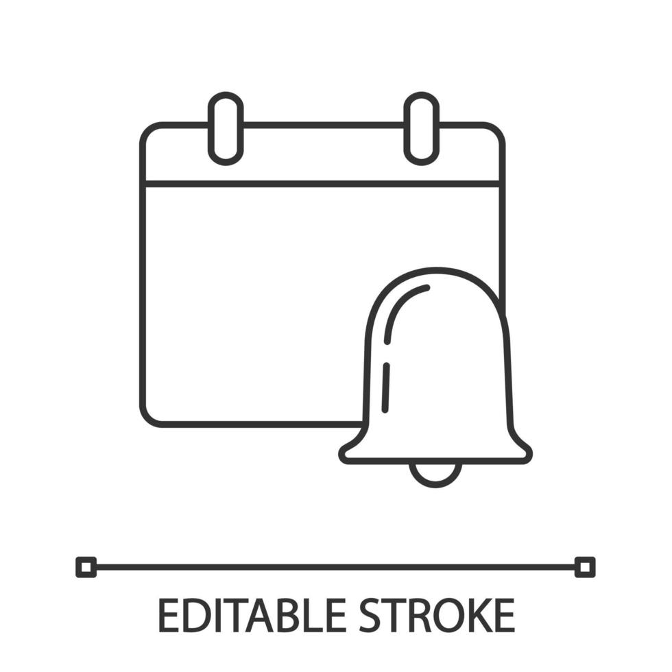 Lineares Symbol für Ereignisbenachrichtigung. Kalender mit Glocke. dünne Liniendarstellung. Erinnerungsalarm. Kontursymbol. Vektor isoliert Umrisszeichnung. editierbarer Strich